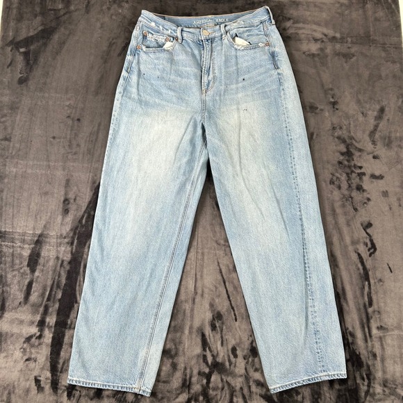 American Eagle Denim - American Eagle Baggy Jeans Womens 14 Light Wash Distressed High Rise Denim